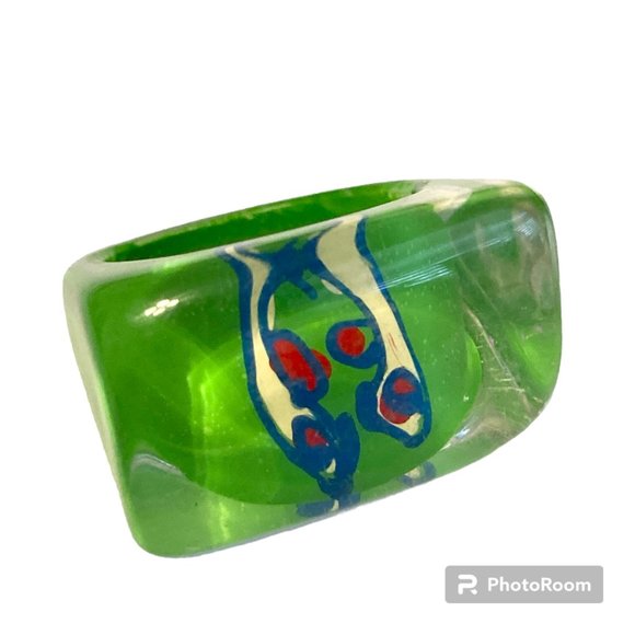 Vintage Jewelry - Vintage Lucite Acrylic Ring Size 6 Retro Abstract Hand Painted Green Blue Red